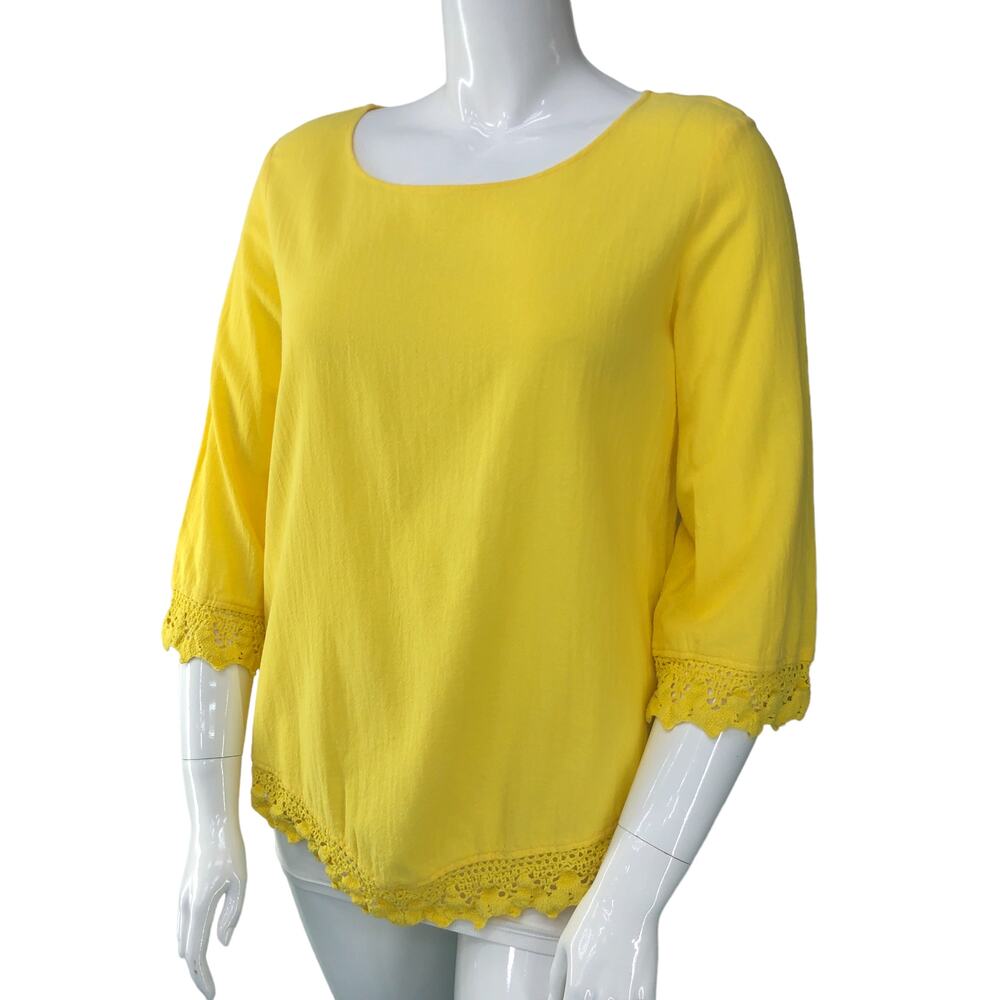 Soft Surroundings Womens Size L Top Yellow Textured Blouse Cotton Lace Hem 3/4